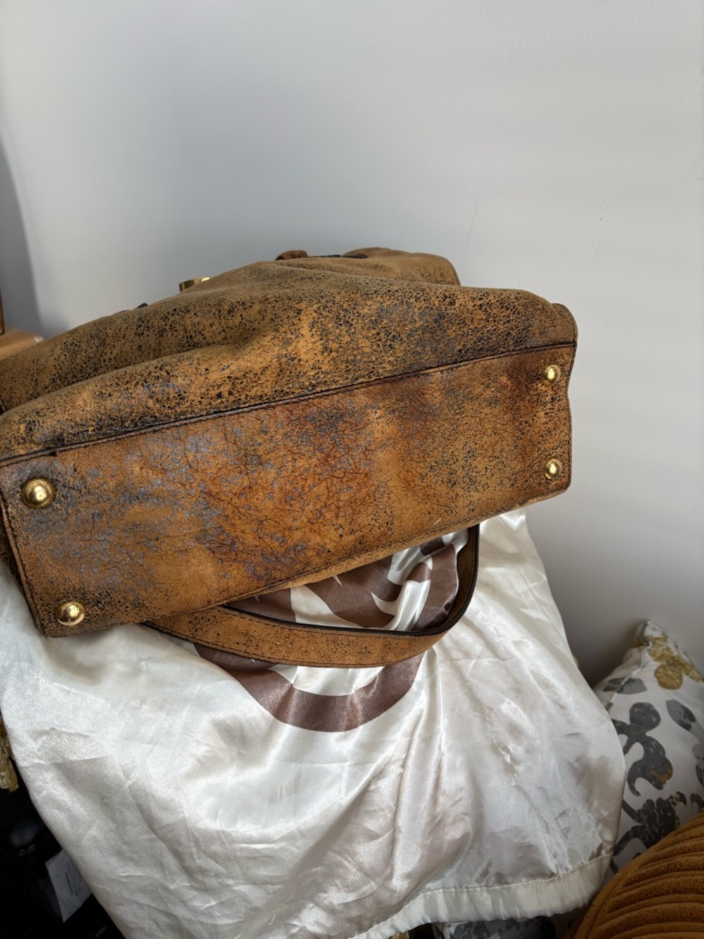 Michael Kors Distressed Tan/Brown Leather Satchel with Gold Hardware - Picture 2 of 8